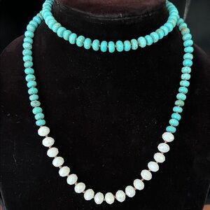 36” Genuine Turquoise and White Crystal Beaded Knotted Necklace